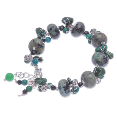 Multi-gemstone beaded bracelet, 'Green Cornucopia' - Cultured Pearl and Serpentine Beaded Bracelet