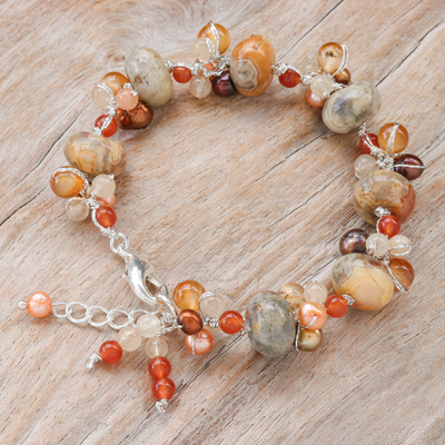 Multi-gemstone beaded bracelet, 'Summer Apricot' - Cultured Pearl and Carnelian Beaded Bracelet