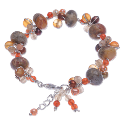 Multi-gemstone beaded bracelet, 'Summer Apricot' - Cultured Pearl and Carnelian Beaded Bracelet
