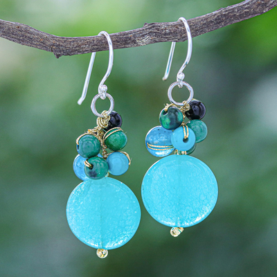 Multi-gemstone beaded dangle earrings,'Cyan Baubles' - Multi-stone Turquoise coloured Dangle Earrings from Thailand