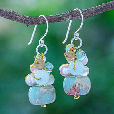 Multi-gemstone beaded dangle earrings, 'Cave Treasures' - Jasper Cultured Pearl and Quartz Beaded and Hooked Earrings