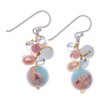 Multi-gemstone beaded earrings, 'Ethereal Treasures' - Jasper Cultured Pearl and Quartz Beaded and Hooked Earrings