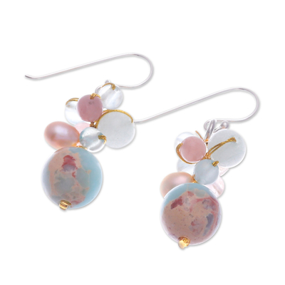 Multi-gemstone beaded dangle earrings, 'Cave Treasures' - Jasper Cultured Pearl and Quartz Beaded and Hooked Earrings
