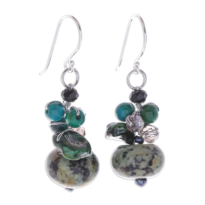 Multi-gemstone beaded earrings, 'Spring Moss' - Multi Gemstone Dappled Green Beaded Dangle Earrings
