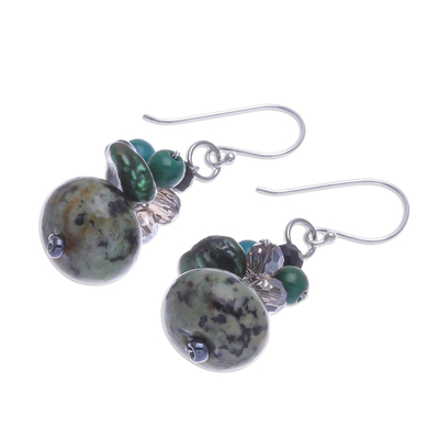 Multi-gemstone beaded earrings, 'Spring Moss' - Multi Gemstone Dappled Green Beaded Dangle Earrings