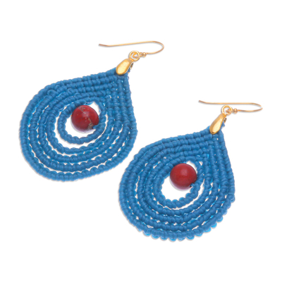 Gold accent jasper macrame dangle earrings, 'Water is Life' - Jasper and Blue Macrame Dangle Earrings with Gold Hooks