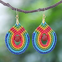 Gold accent jasper and macrame dangle earrings, 'Knotted Rainbow' - Rainbow Colored Macrame Dangle Earrings with Jasper Stones