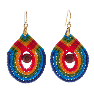 Gold accent jasper and macrame dangle earrings, 'Knotted Rainbow' - Rainbow Colored Macrame Dangle Earrings with Jasper Stones