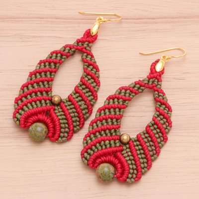 Unakite macrame dangle earrings, 'Beaded Cocoons' - Red and Green Macrame Dangle Earrings with Unakite and Brass