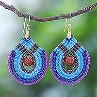Gold accent jasper macrame dangle earrings, 'Refracted Raindrop' - Blue and Purple Macrame Dangle Earrings with Jasper