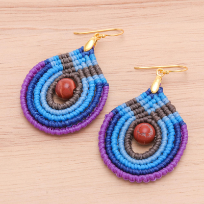 Gold accent jasper macrame dangle earrings, 'Refracted Raindrop' - Blue and Purple Macrame Dangle Earrings with Jasper