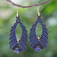 Lapis lazuli macrame dangle earrings, 'Beaded Cocoons'