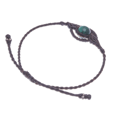 Agate macrame bracelet, 'Cool Boho' - Black Macrame Bracelet with Green Agate Stone from Thailand