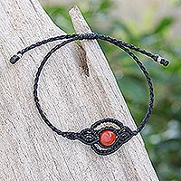Jasper macrame bracelet, 'Cool Boho' - Black Macrame Bracelet with Red Jasper Stone from Thailand