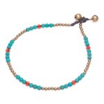 Carnelian beaded anklet, 'Sky Journey' - Thai Carnelian and Brass Beaded Anklet