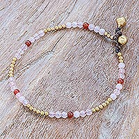 Rose quartz and carnelian beaded anklet, 'Sweetest Friend'