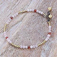 Rose quartz and carnelian beaded anklet, 'Sweetest Friend' - Rose Quartz and Carnelian Beaded Anklet