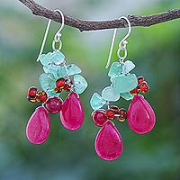 Quartz dangle earrings, 'Summer Festival' - Handmade Quartz and Glass Bead Dangle Earrings