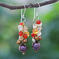 Multi-gemstone dangle earrings, 'Chocolate Truffle' - Chalcedony and Cultured Pearl Dangle Earrings
