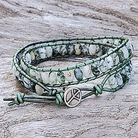 Agate and leather wrap bracelet, 'Moss Green' - Leather and Moss Agate Beaded Wrap Bracelet