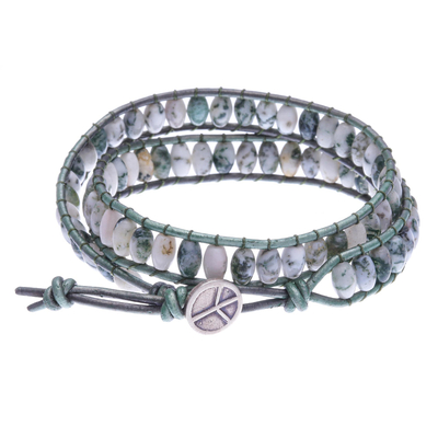 Leather and Moss Agate Beaded Wrap Bracelet