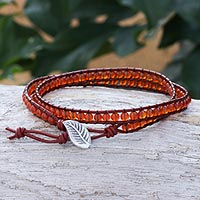 Carnelian and leather wrap bracelet, 'Inner Sunbeam' - Carnelian and Leather Beaded Wrap Bracelet
