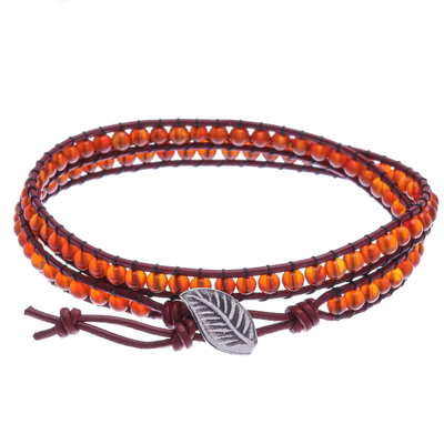 Carnelian and leather wrap bracelet, 'Inner Sunbeam' - Carnelian and Leather Beaded Wrap Bracelet