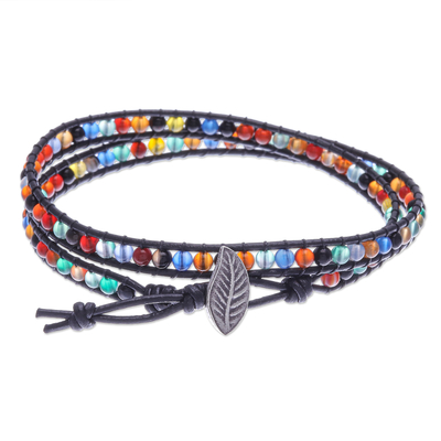 Agate and leather wrap bracelet, 'Chase the Rainbow' - Agate and Leather Beaded Wrap Bracelet