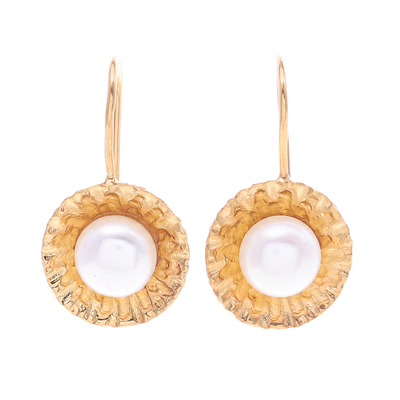 Gold-plated cultured pearl dangle earrings, 'Morning Pearl' - Gold-Plated Cultured Pearl Dangle Earrings
