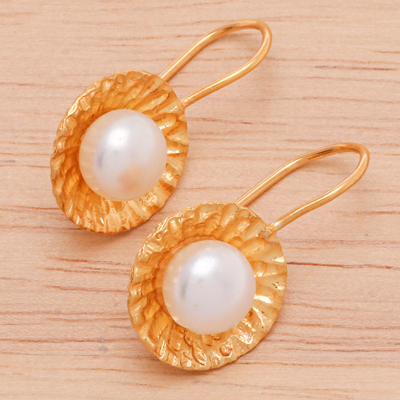 Gold-plated cultured pearl dangle earrings, 'Morning Pearl' - Gold-Plated Cultured Pearl Dangle Earrings