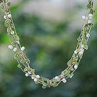 Peridot and cultured pearl beaded necklace, 'Floating Sea' - Peridot and Cultured Pearl Cluster Necklace