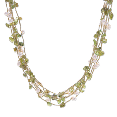 Peridot and Cultured Pearl Cluster Necklace