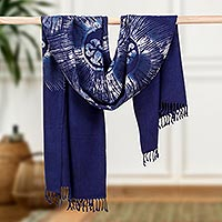 Batik cotton shawl, 'Indigo Rose' - Hand-Dyed Batik Cotton Shawl
