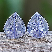 Natural leaf button earrings, 'Tea Garden in Purple'
