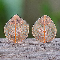 Rubber tree leaf button earrings, 'Tea Garden in Orange'