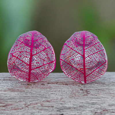 Rubber tree leaf button earrings, 'Tea Garden in Pink' - Pink Rubber Tree Leaf Button Earrings from Thailand