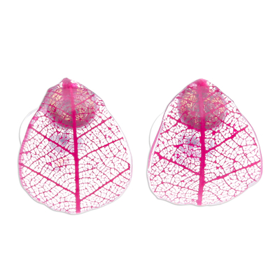 Ohrringe mit Knöpfen aus Gummibaumblättern - Rosa Gummibaumblatt-Knopfohrringe aus Thailand