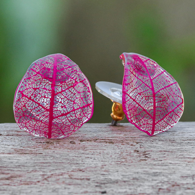 Pendientes de botón de hoja de árbol de caucho - Pendientes de botón de hoja de árbol de goma rosa de Tailandia