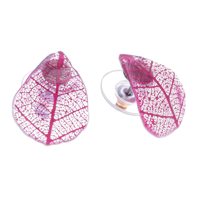 Rubber tree leaf button earrings, 'Tea Garden in Pink' - Pink Rubber Tree Leaf Button Earrings from Thailand