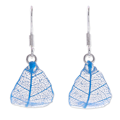 Ohrhänger aus Gummibaumblättern - Baumblatt-Ohrringe aus Sterlingsilber und blauem Gummi