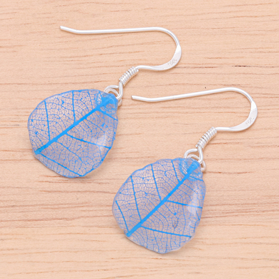 Rubber tree leaf dangle earrings, 'Earthly Delight in Blue' - Sterling Silver and Blue Rubber Tree Leaf Earrings