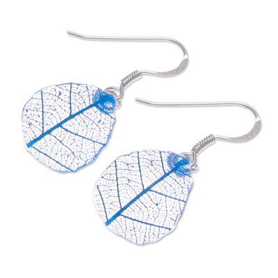 Rubber tree leaf dangle earrings, 'Earthly Delight in Blue' - Sterling Silver and Blue Rubber Tree Leaf Earrings