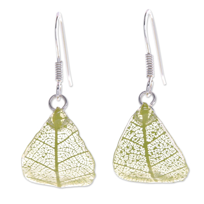 Rubber tree leaf dangle earrings, 'Earthly Delight in Green' - Sterling Silver and Green Rubber Tree Leaf Earrings