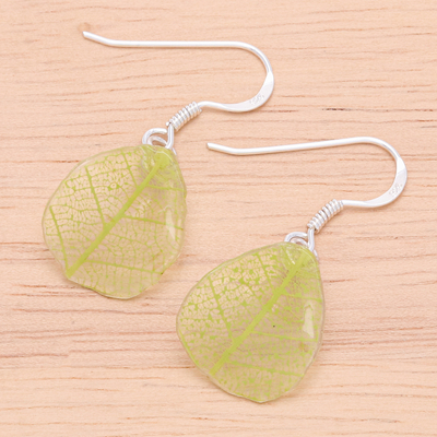 Ohrhänger aus Gummibaumblättern - Baumblatt-Ohrringe aus Sterlingsilber und grünem Gummi