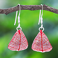 Rubber tree leaf dangle earrings, 'Earthly Delight in Red' - Sterling Silver and Red Rubber Tree Leaf Earrings