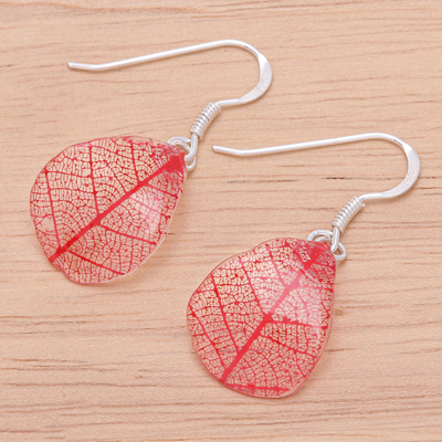 Ohrhänger aus Gummibaumblättern - Baumblatt-Ohrringe aus Sterlingsilber und rotem Gummi