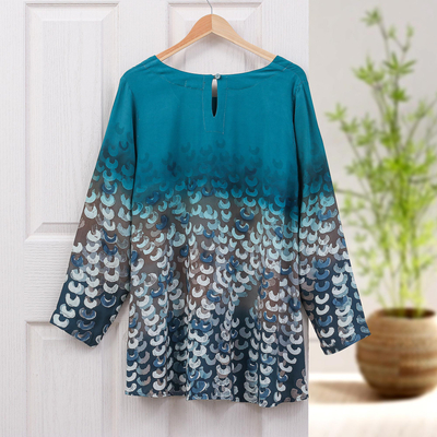 Cotton blouse, 'Mak Sum in Teal' - Hand-Painted Batik Cotton Blouse