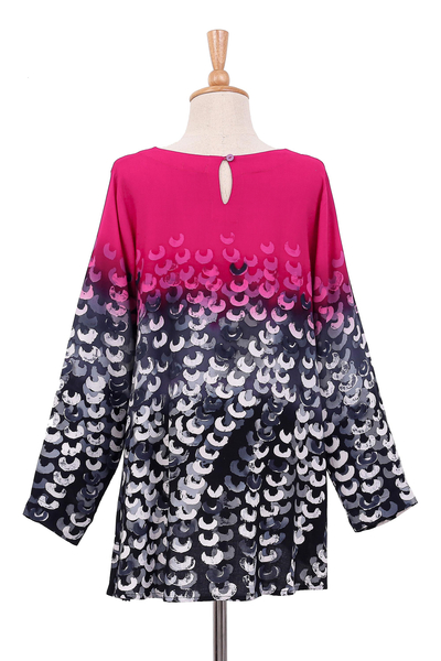 Cotton blouse, 'Mak Sum in Fuchsia' - Artisan Crafted Batik Cotton Blouse