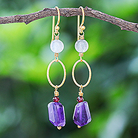 Gold-plated multi-gemstone dangle earrings, 'Queenly Dreams' - Gold-Plated Garnet and Amethyst Dangle Earrings