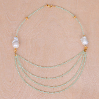 Gold-accented chalcedony and cultured pearl pendant necklace, 'Icy Shores in Green' - Gold-Accented Pearl and Chalcedony Necklace from Thailand